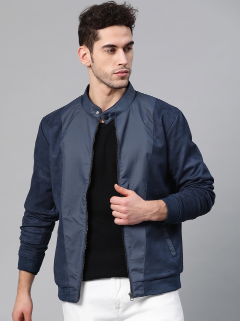 

Park Avenue Men Navy Blue Solid Suede Finish Bomber Jacket