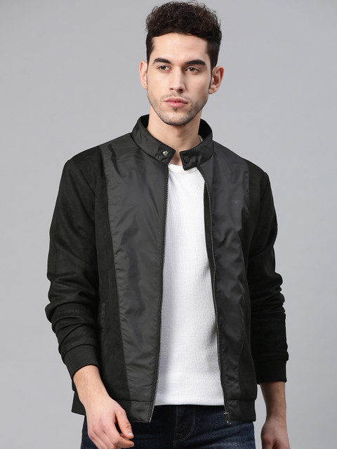 

Park Avenue Men Black Solid Suede Finish Bomber Jacket