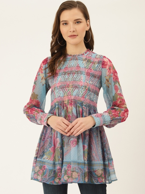

Label Ritu Kumar Women Blue and Pink Printed Empire Top