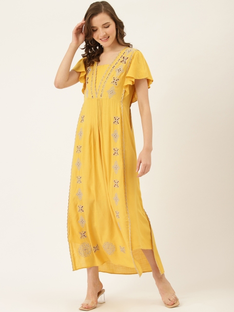 

Label Ritu Kumar Women Mustard Yellow Embroidered Maxi Dress