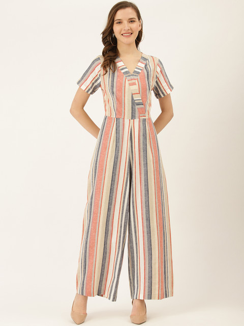 

Label Ritu Kumar Women Peach-Coloured & Beige Striped Wrap Basic Jumpsuit