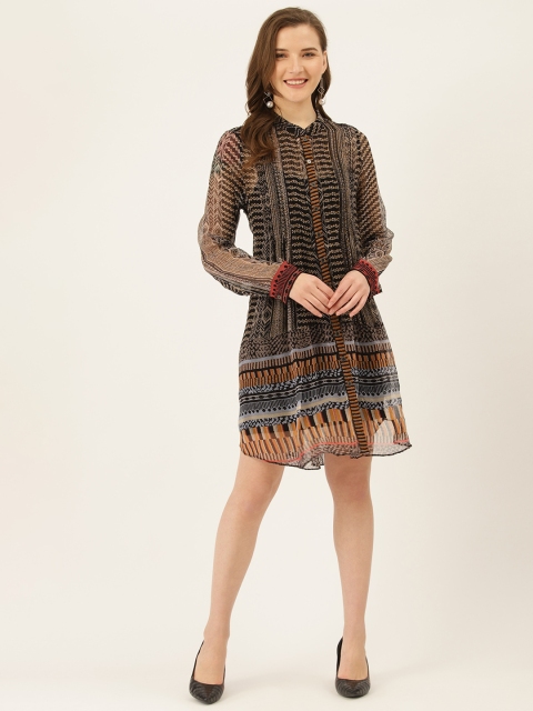 

Label Ritu Kumar Women Black and Beige Printed A-Line Dress