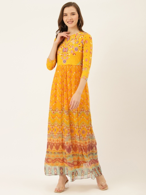 

Label Ritu Kumar Women Mustard Yellow and White Printed Maxi Dress