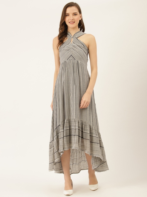 

Label Ritu Kumar Women Grey and Off-White Striped Maxi Dress