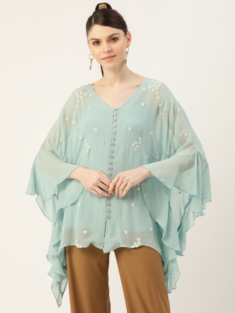 

Label Ritu Kumar Women Sea Green & Off-White Floral Embroidered Kaftan Top