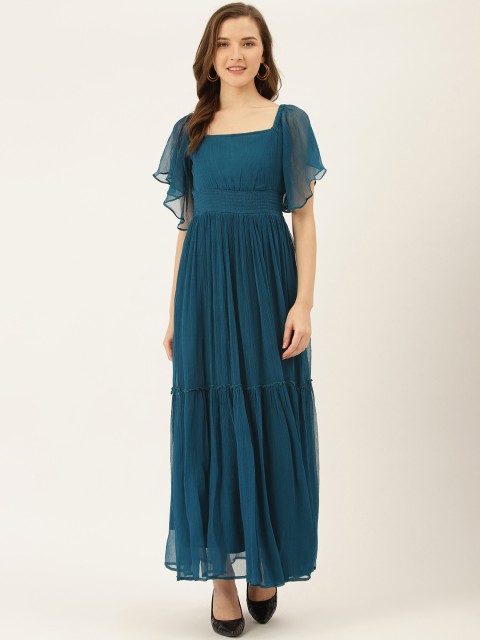 

Label Ritu Kumar Women Teal Blue Solid Tiered Maxi Dress