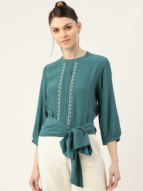 

Label Ritu Kumar Women Blue Schiffli Embroidered Detail Styled Back Top