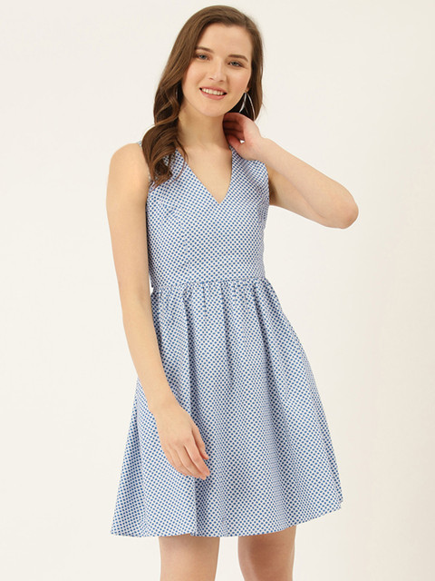 

Label Ritu Kumar Women Blue & White Printed Styled Back Fit & Flare Dress