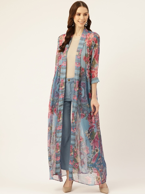 

Label Ritu Kumar Women Blue & Pink Floral Print Open Front Shrug