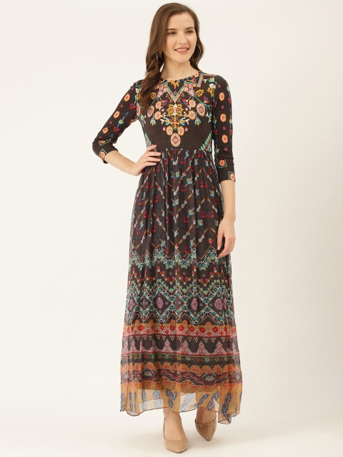 

Label Ritu Kumar Women Charcoal Grey and Mustard Yellow Printed Maxi Dress