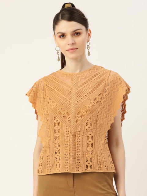 

Label Ritu Kumar Women Beige Crochet Pure Cotton Flutter Sleeved Boxy Top