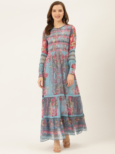 

Label Ritu Kumar Women Blue & Pink Tiered Printed Maxi Dress