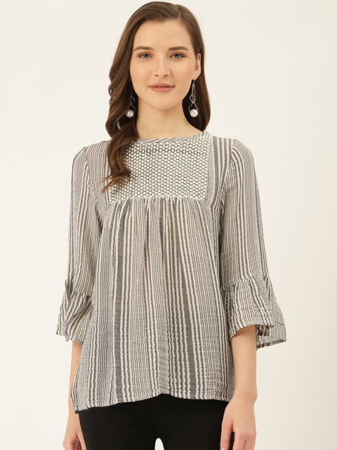 

Label Ritu Kumar Women Charcoal Grey and Off-White Striped Pure Cotton Top