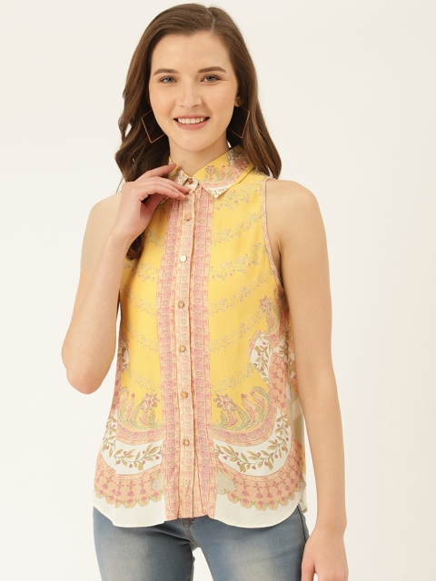 

Label Ritu Kumar Women Yellow and Beige Printed Shirt Style Top