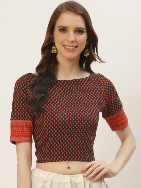 

Ritu Kumar Women Black & Coral Red Printed Stitched Blouse