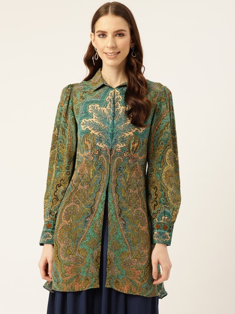 

Ritu Kumar Women Olive Green & Blue Printed High-Slit Shirt Style A-Line Kurta