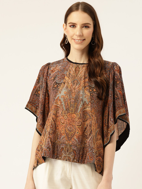 

Ritu Kumar Women Brown & Grey Printed High-Low Top