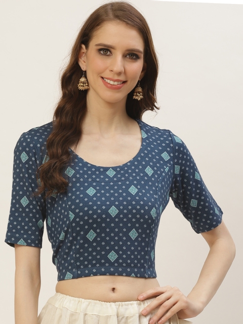 

Ritu Kumar Women Navy Blue & Teal Green Printed Stitched Blouse