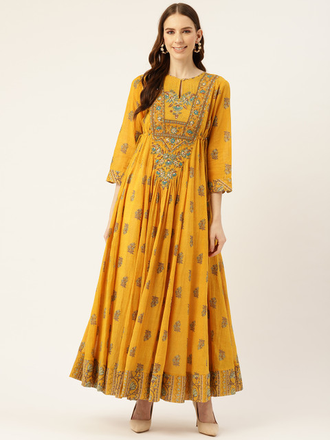 

Ritu Kumar Women Yellow & Purple Printed Empire Maxi Dress