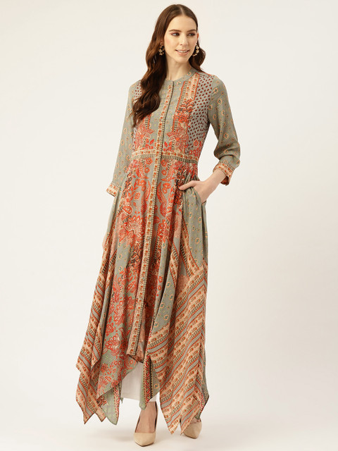 

Ritu Kumar Women Grey & Orange Printed Asymmetric A-Line Kurta