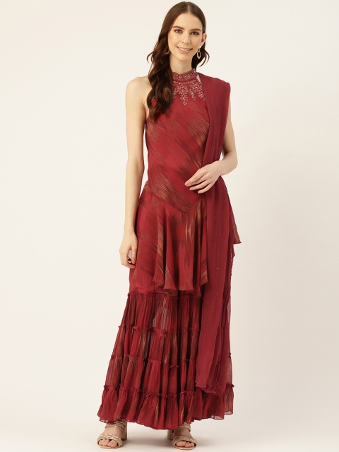 

Ritu Kumar Women Maroon Printed Kurta with Sharara & Dupatta