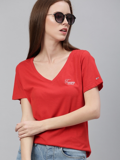 

Tommy Hilfiger Women Red Solid V-Neck T-shirt with Embroidery
