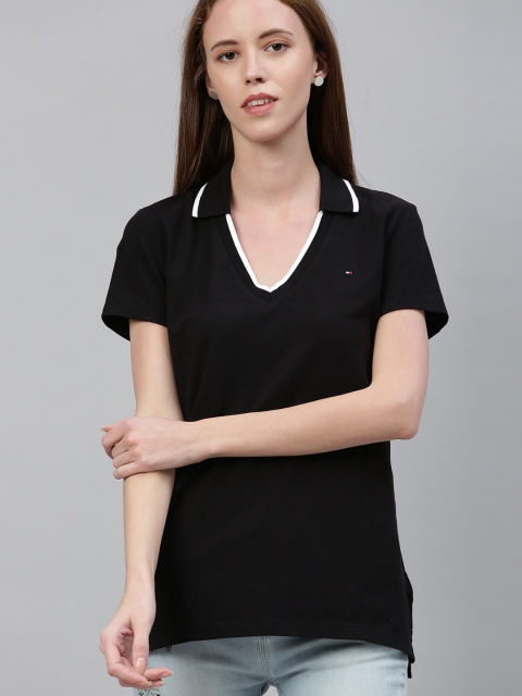 

Tommy Hilfiger Women Black Solid V-Neck T-shirt