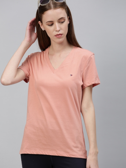 

Tommy Hilfiger Women Peach-Coloured Solid V-Neck T-shirt