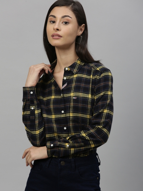 

Tommy Hilfiger Women Navy Blue & Yellow Regular Fit Checked Casual Shirt