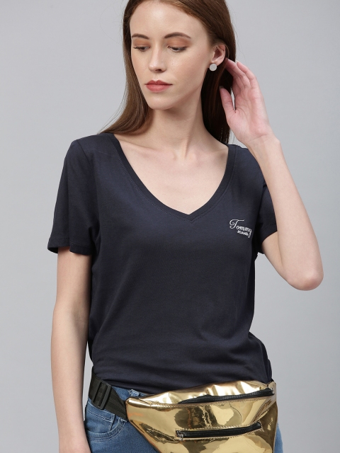 

Tommy Hilfiger Women Navy Blue Solid V-Neck Longline T-shirt