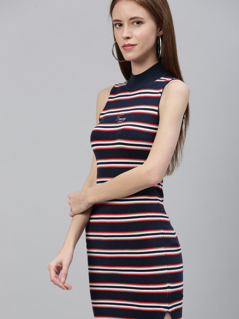 

Tommy Hilfiger Women Navy Blue & Red Striped Bodycon Dress