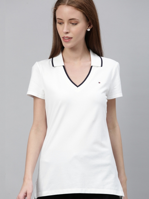

Tommy Hilfiger Women White Solid V-Neck T-shirt