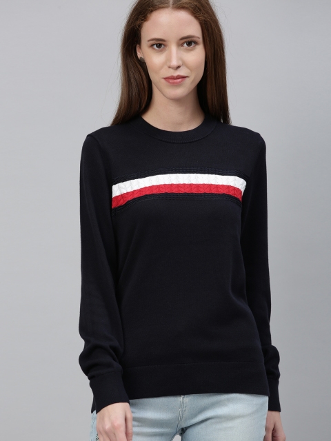 

Tommy Hilfiger Women Navy Blue Striped Pullover Sweater