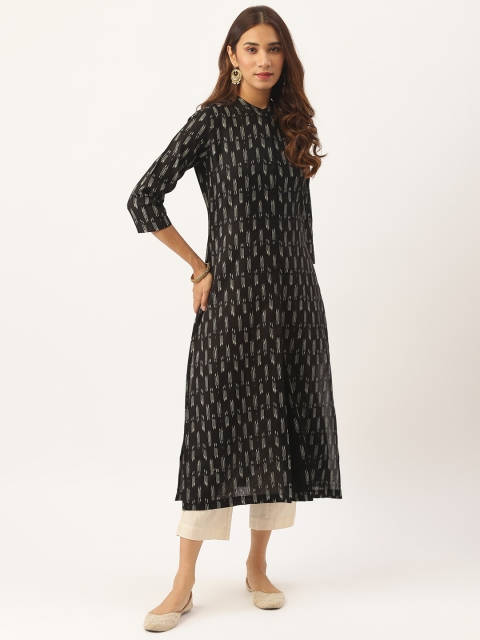 

Aayna Women Black & Off-White Ikat Print Kurta with Trousers
