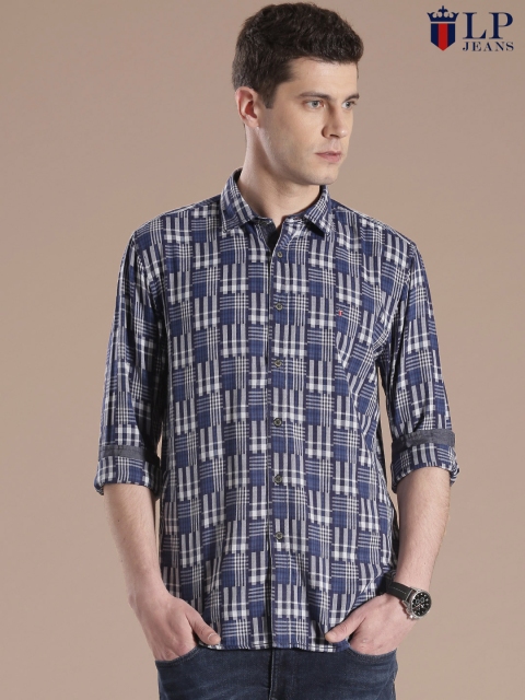 

Louis Philippe Jeans Navy Checked Union SQ Slim Casual Shirt, Navy blue