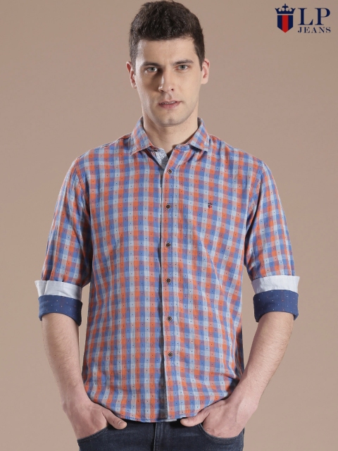 

Louis Philippe Jeans Orange & Blue Checked Union SQ Slim Casual Shirt