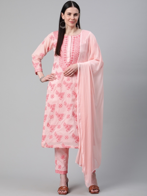 

ADA Women Pink Hand Embroidered Chikankari Unstitched Dress Material