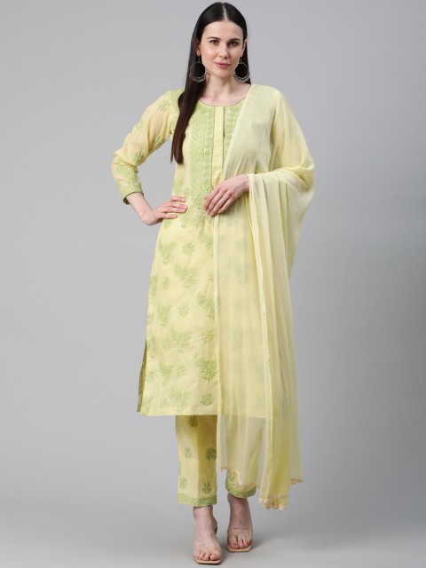 

ADA Women Yellow & Lime Green Hand Embroidered Chikankari Unstitched Dress Material