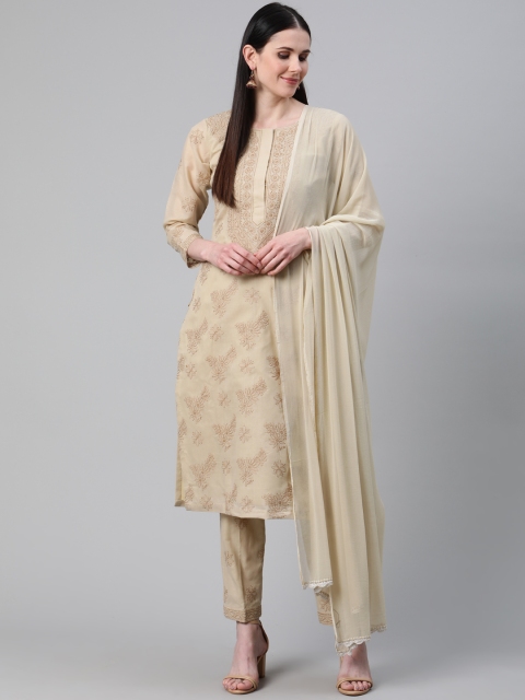 

ADA Beige Pure Cotton Embroidered Lucknowi Chikankari Unstitched Dress Material