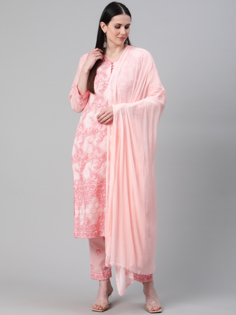 

ADA Women Pink & White Hand Embroidered Chikankari Unstitched Sustainable Dress Material