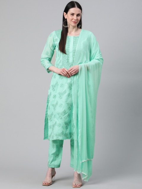 

ADA Women Green Hand Embroidered Chikankari Unstitched Sustainable Dress Material