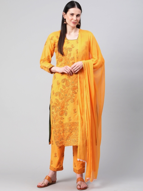 

ADA Mustard & Green Pure Cotton Embroidered Lucknowi Chikankari Unstitched Sustainable Dress Material