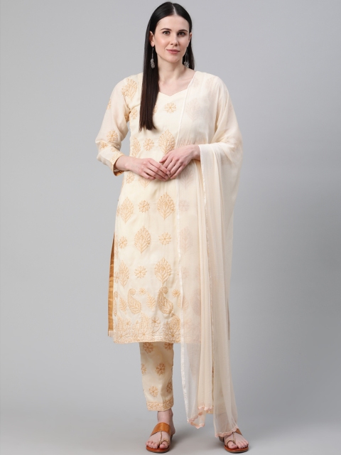 

ADA Cream-Coloured & Mustard Yellow Hand Embroidered Chikankari Unstitched Sustainable Dress Material