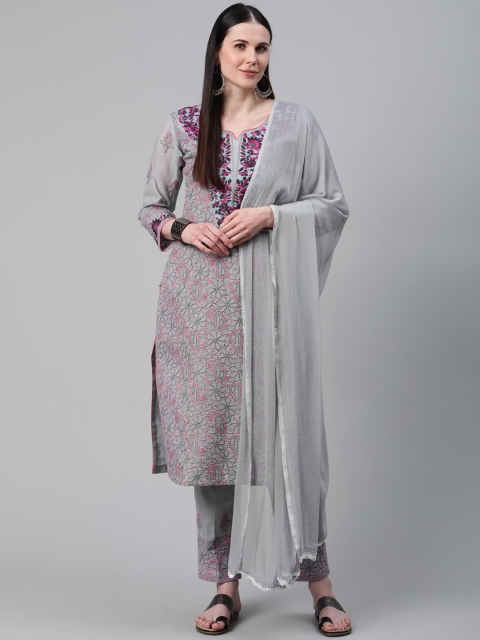 

ADA Grey & Pink Pure Cotton Embroidered Lucknowi Chikankari Unstitched Dress Material