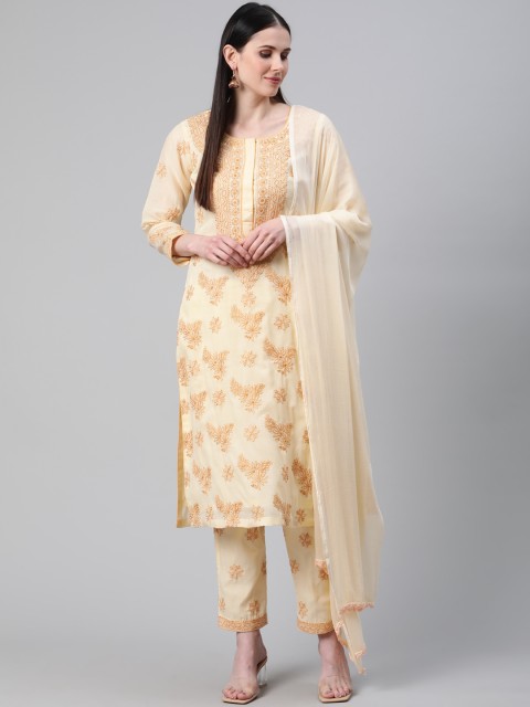 

ADA Beige & Mustard Yellow Hand Embroidered Chikankari Unstitched Sustainable Dress Material