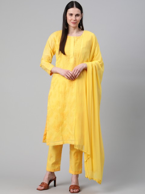 

ADA Women Yellow Hand Embroidered Chikankari Unstitched Sustainable Dress Material