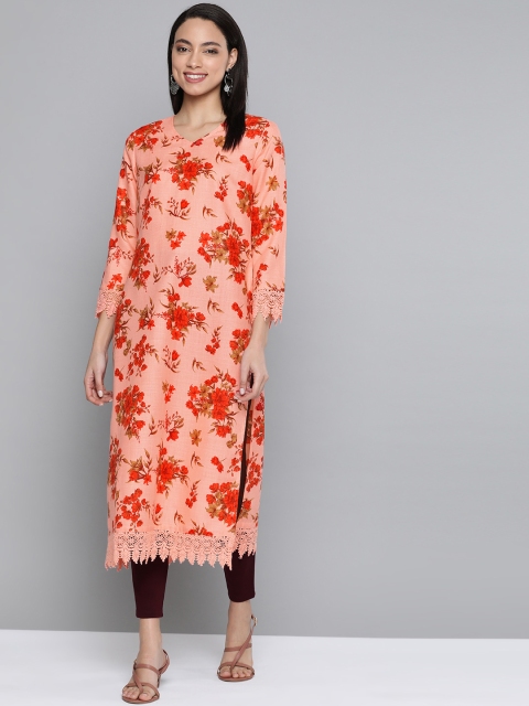 

HERE&NOW Women Pink & Red Printed Straight Kurta