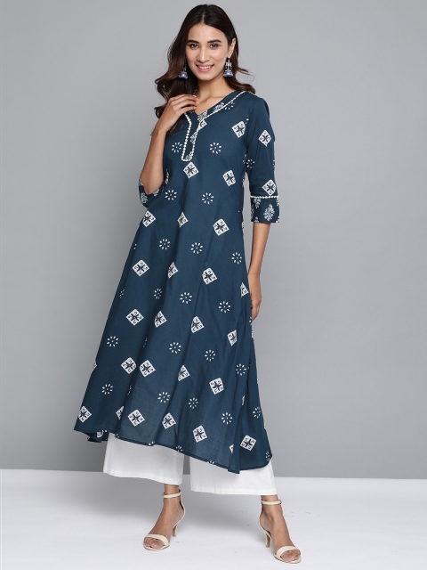 

HERE&NOW Women Navy Blue & White Printed A-Line Kurta