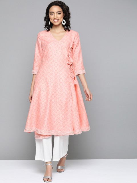

HERE&NOW Peach-Coloured Ethnic Motifs Printed Angrakha Kurta