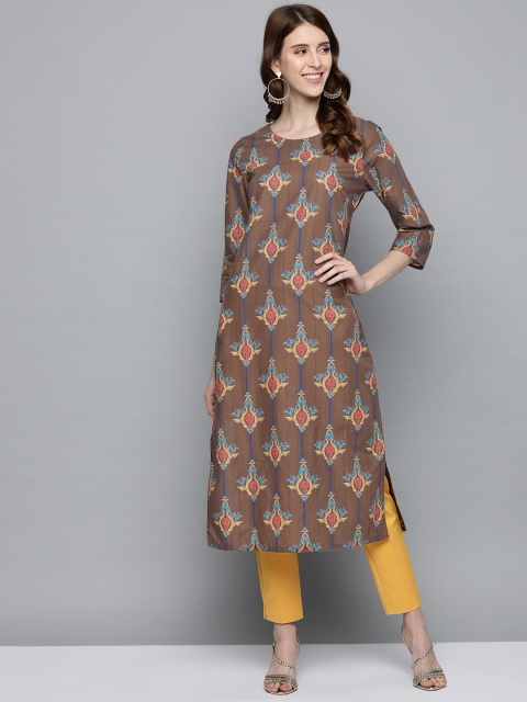 

HERE&NOW Women Brown & Blue Pure Cotton Printed Straight Kurta
